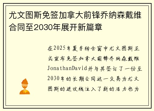 尤文图斯免签加拿大前锋乔纳森戴维合同至2030年展开新篇章